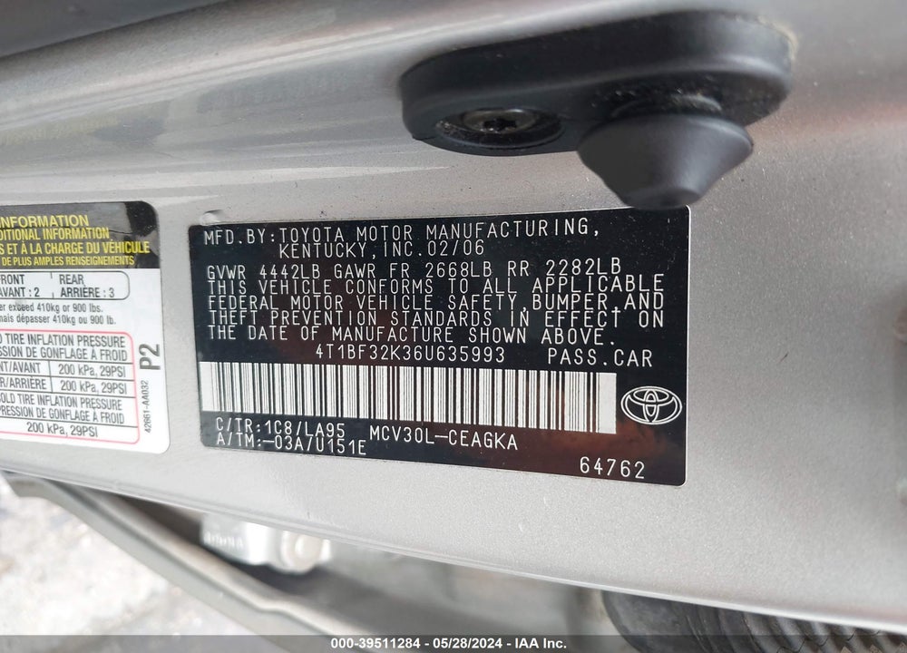 2006 TOYOTA CAMRY XLE V6 VIN: 4T1BF32K36U635993