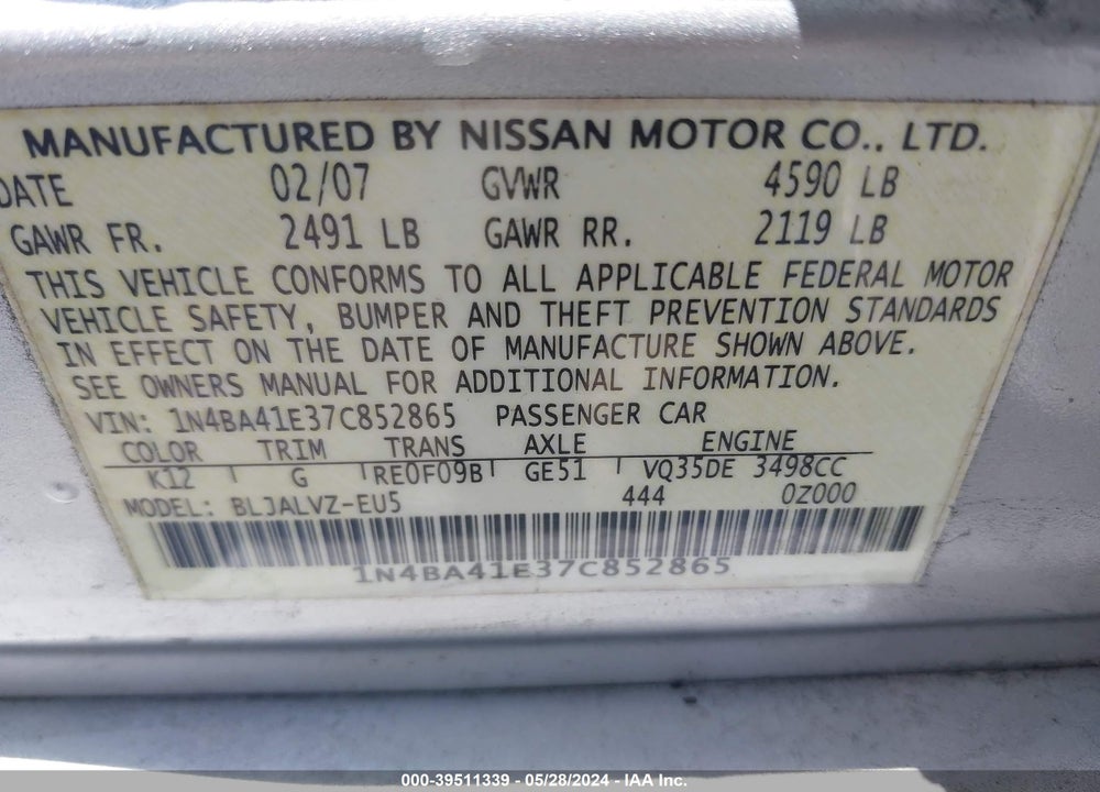 2007 NISSAN MAXIMA 3.5 SE VIN: 1N4BA41E37C852865