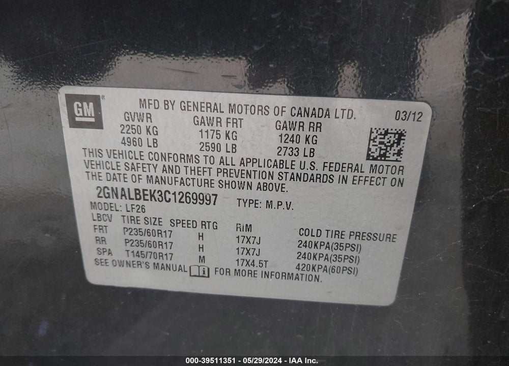 2012 CHEVROLET EQUINOX LS VIN: 2GNALBEK3C1269997