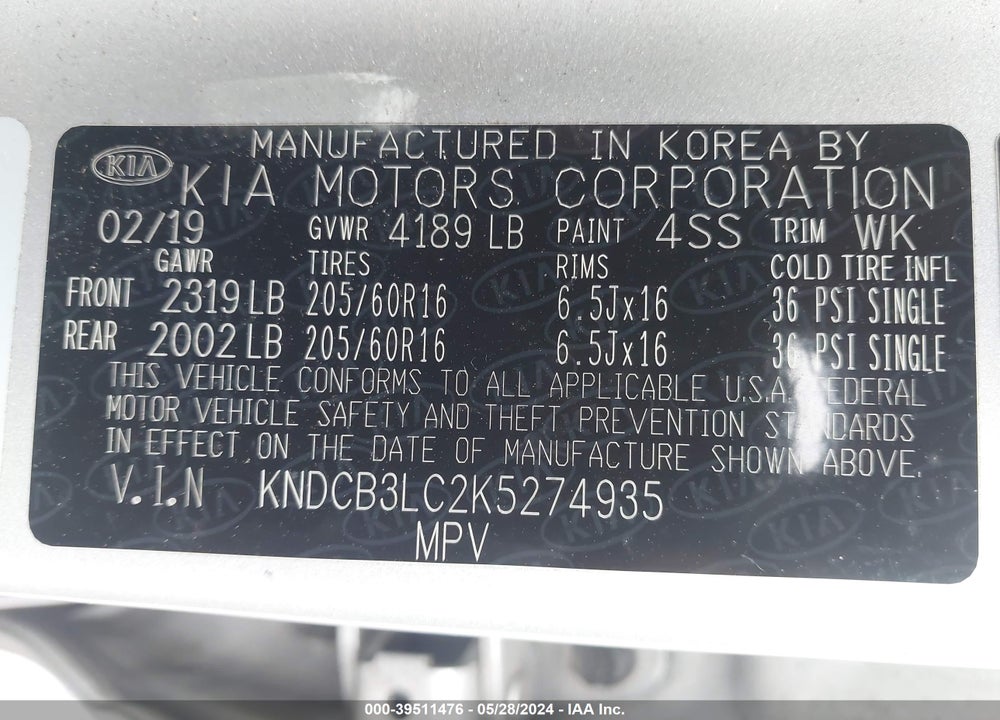 2019 KIA NIRO LX VIN: KNDCB3LC2K5274935