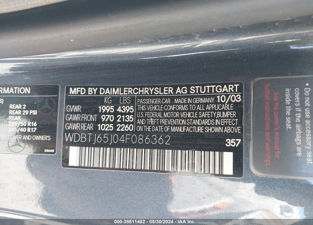2004 MERCEDES-BENZ CLK 320 VIN: WDBTJ65J04F086362