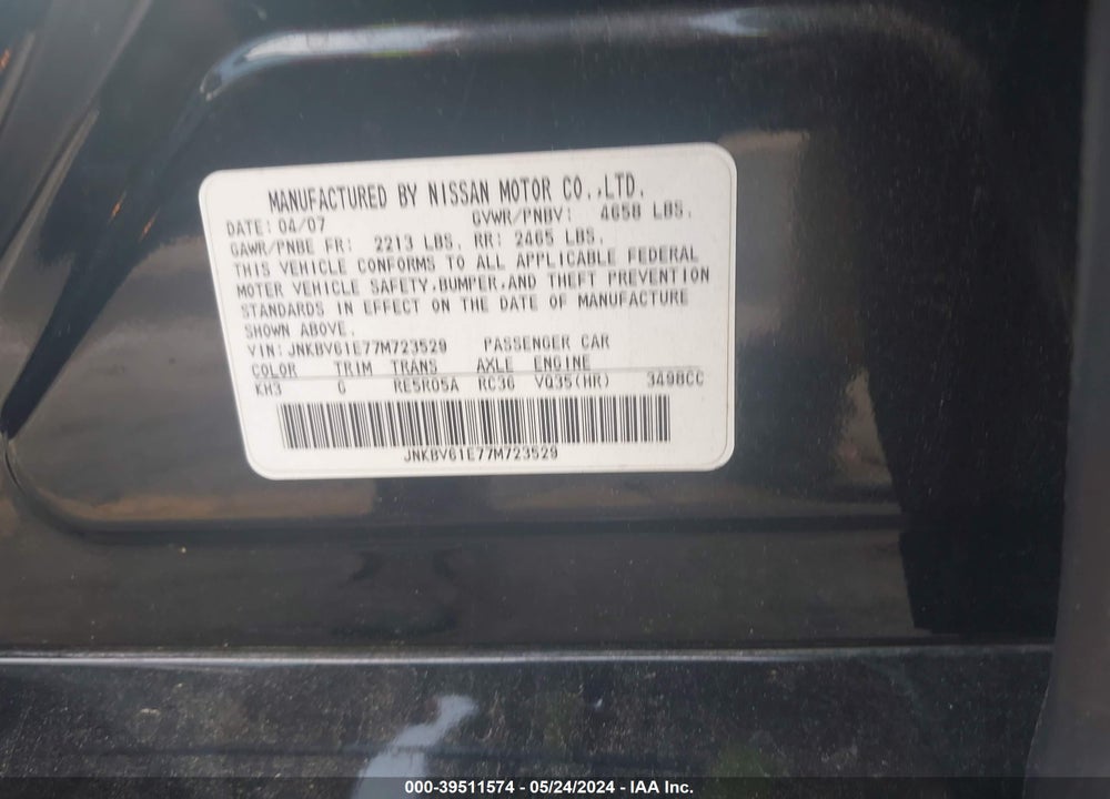 2007 INFINITI G35 SPORT VIN: JNKBV61E77M723529