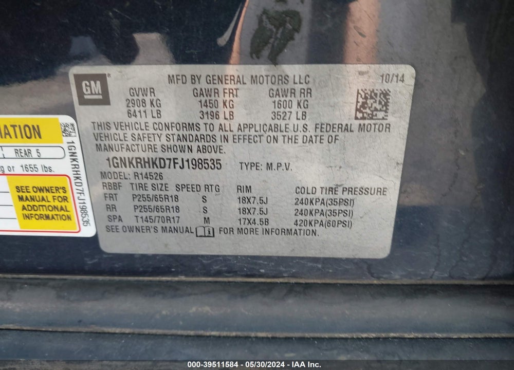 2015 CHEVROLET TRAVERSE 2LT VIN: 1GNKRHKD7FJ198535