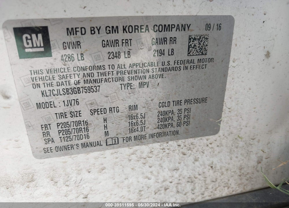 2016 CHEVROLET TRAX LT VIN: KL7CJLSB3GB759537