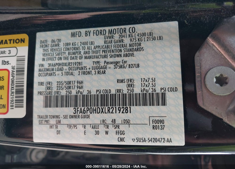 2020 FORD FUSION SE VIN: 3FA6P0HDXLR219281