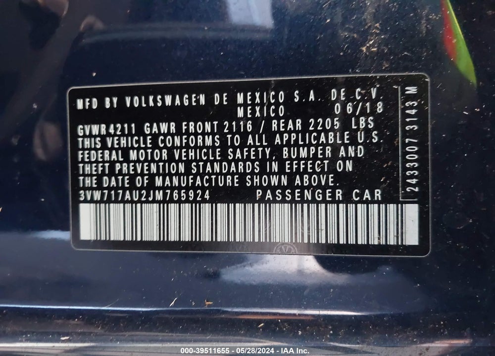 2018 VOLKSWAGEN GOLF SPORTWAGEN TSI S VIN: 3VW717AU2JM765924