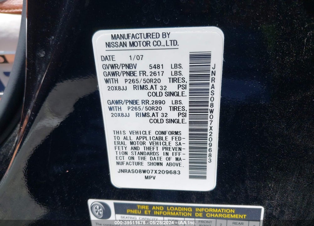 2007 INFINITI FX35 VIN: JNRAS08W07X209683