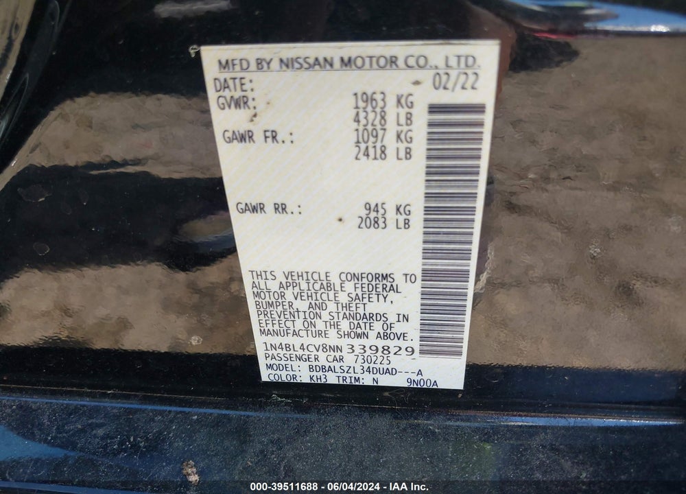 2022 NISSAN ALTIMA SR FWD VIN: 1N4BL4CV8NN339829
