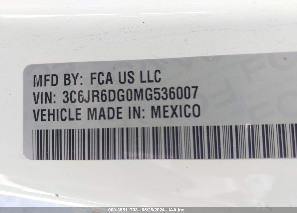 2021 RAM 1500 CLASSIC TRADESMAN REGULAR CAB 4X2 8' BOX VIN: 3C6JR6DG0MG536007