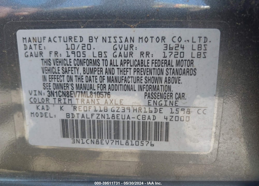 2021 NISSAN VERSA SV XTRONIC CVT VIN: 3N1CN8EV7ML810576