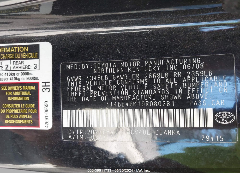 2009 TOYOTA CAMRY LE VIN: 4T4BE46K19R080281
