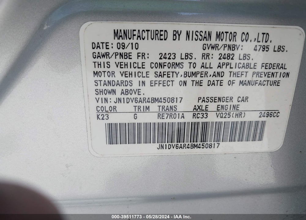 2011 INFINITI G25X VIN: JN1DV6AR4BM450817