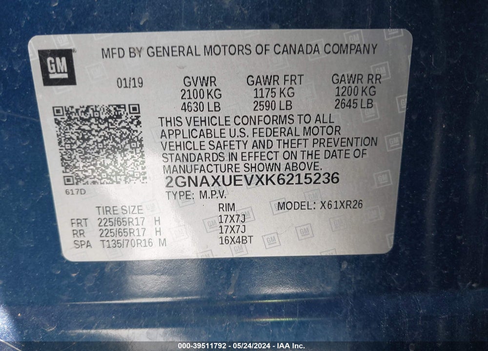 2019 CHEVROLET EQUINOX LT VIN: 2GNAXUEVXK6215236