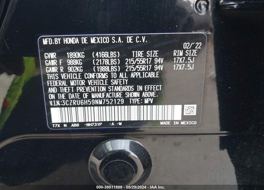 2022 HONDA HR-V AWD EX VIN: 3CZRU6H59NM752129
