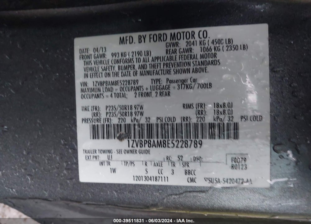 2014 FORD MUSTANG V6 VIN: 1ZVBP8AM8E5228789
