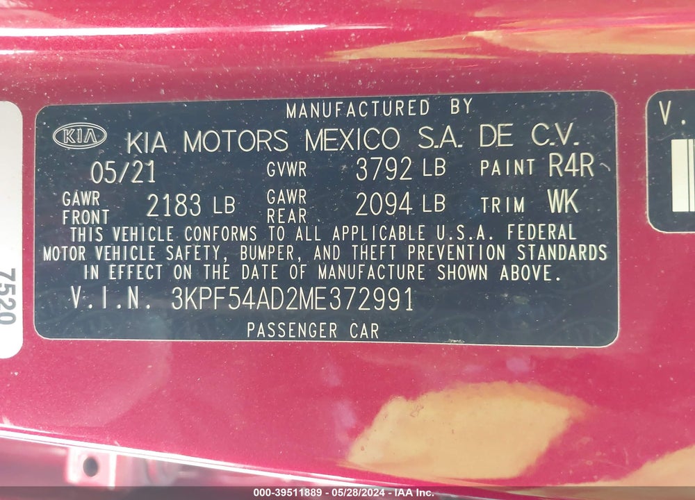 2021 KIA FORTE EX VIN: 3KPF54AD2ME372991