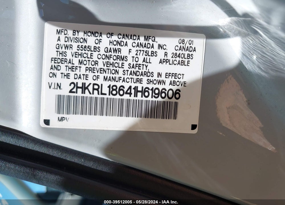 2001 HONDA ODYSSEY EX VIN: 2HKRL18641H619606