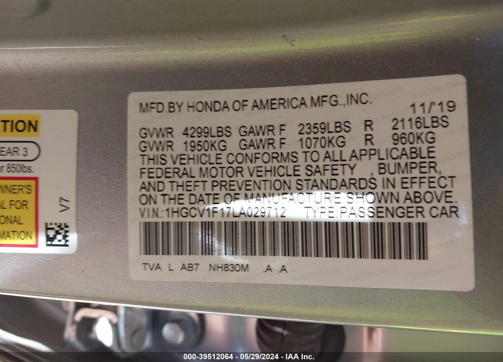 2020 HONDA ACCORD LX VIN: 1HGCV1F17LA029712