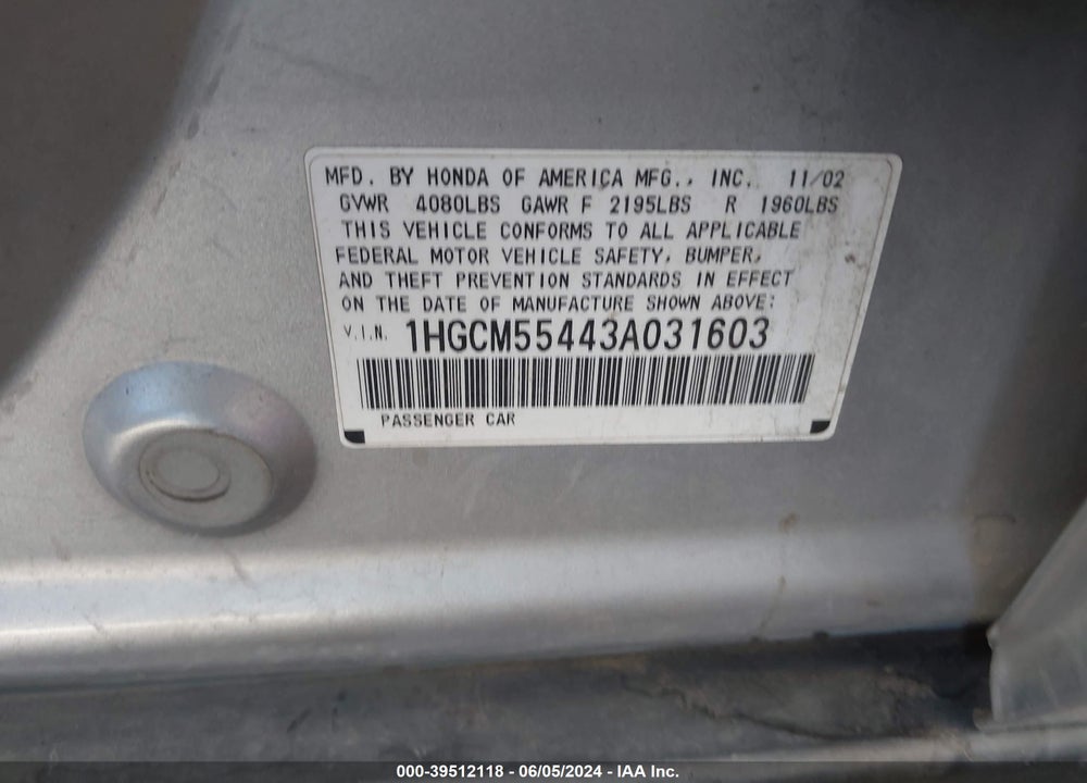 2003 HONDA ACCORD 2.4 LX VIN: 1HGCM55443A031603