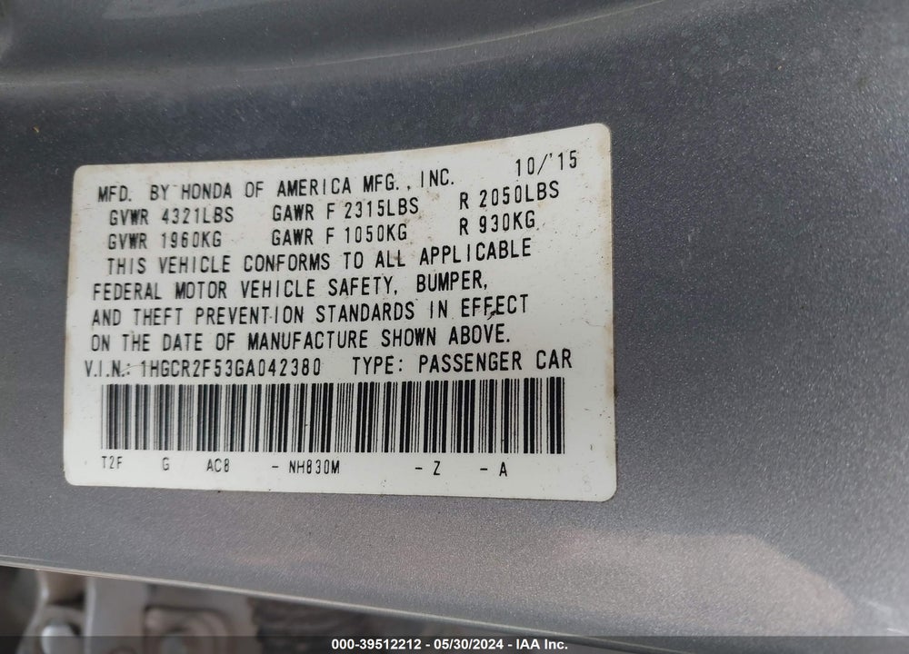 2016 HONDA ACCORD SPORT VIN: 1HGCR2F53GA042380