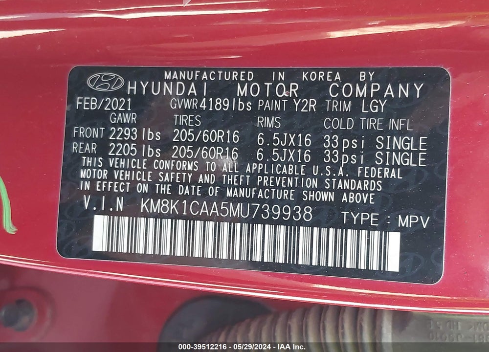 2021 HYUNDAI KONA SE VIN: KM8K1CAA5MU739938