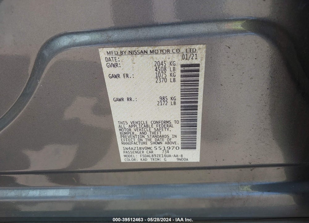 2021 NISSAN LEAF S 40 KWH VIN: 1N4AZ1BV0MC551970