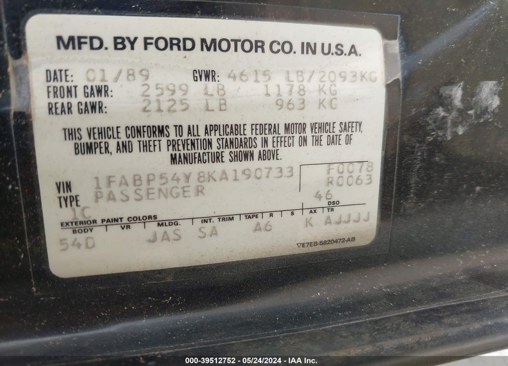 1989 FORD TAURUS SHO VIN: 1FABP54Y8KA190733