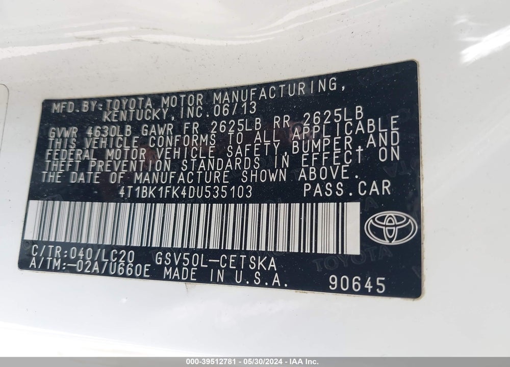 2013 TOYOTA CAMRY SE V6 VIN: 4T1BK1FK4DU535103