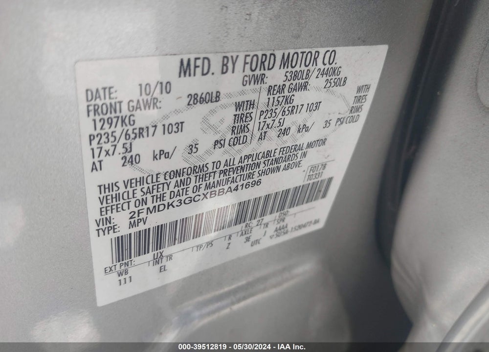 2011 FORD EDGE SE VIN: 2FMDK3GCXBBA41696