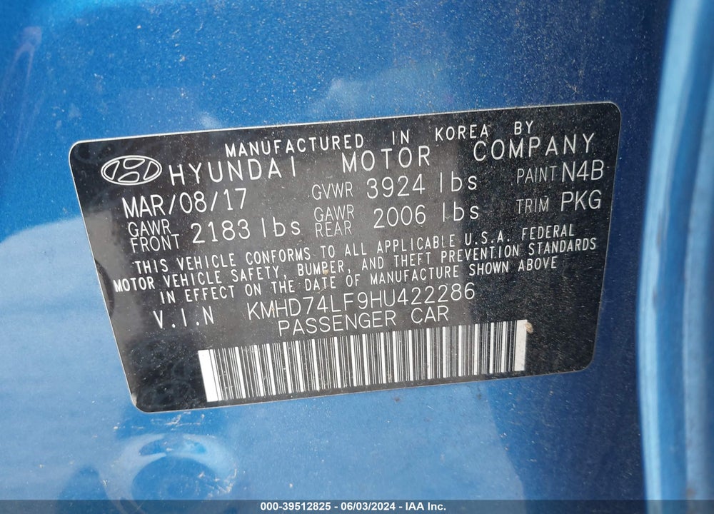 2017 HYUNDAI ELANTRA SE VIN: KMHD74LF9HU422286