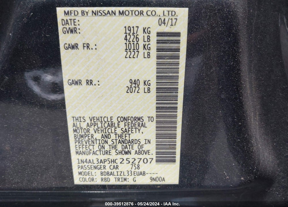 2017 NISSAN ALTIMA 2.5 SV VIN: 1N4AL3AP5HC252707