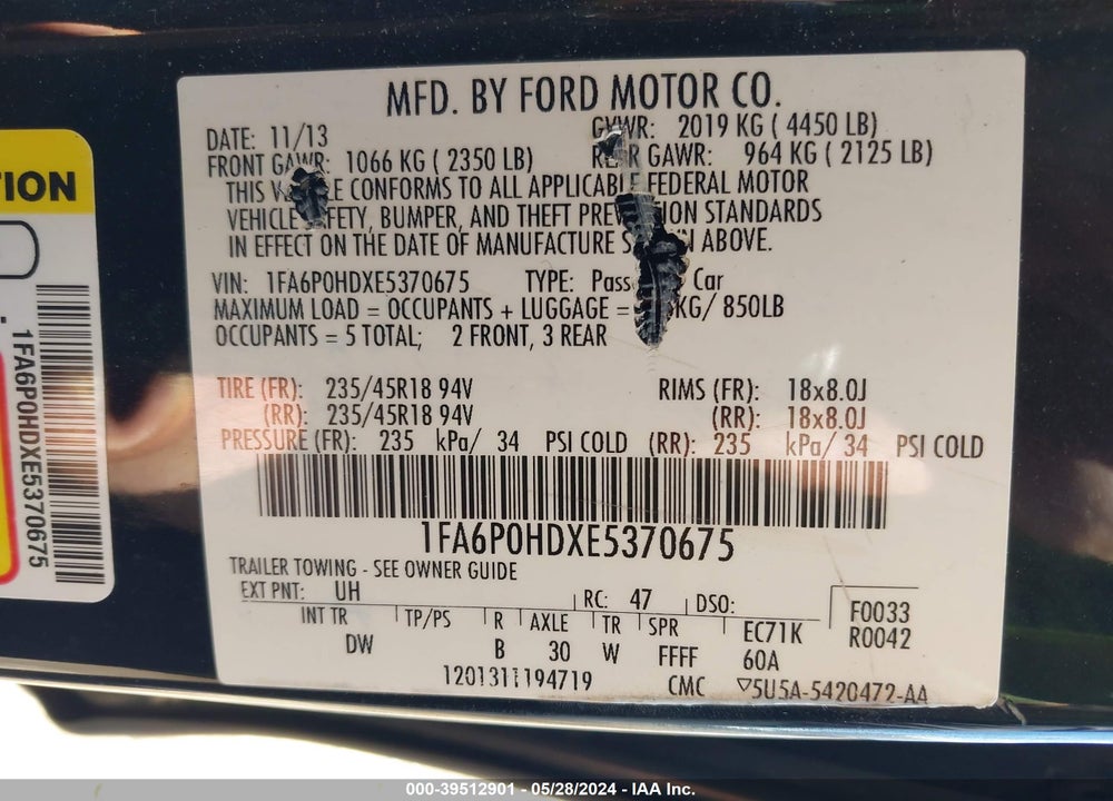 2014 FORD FUSION VIN: 1FA6P0HDXE5370675