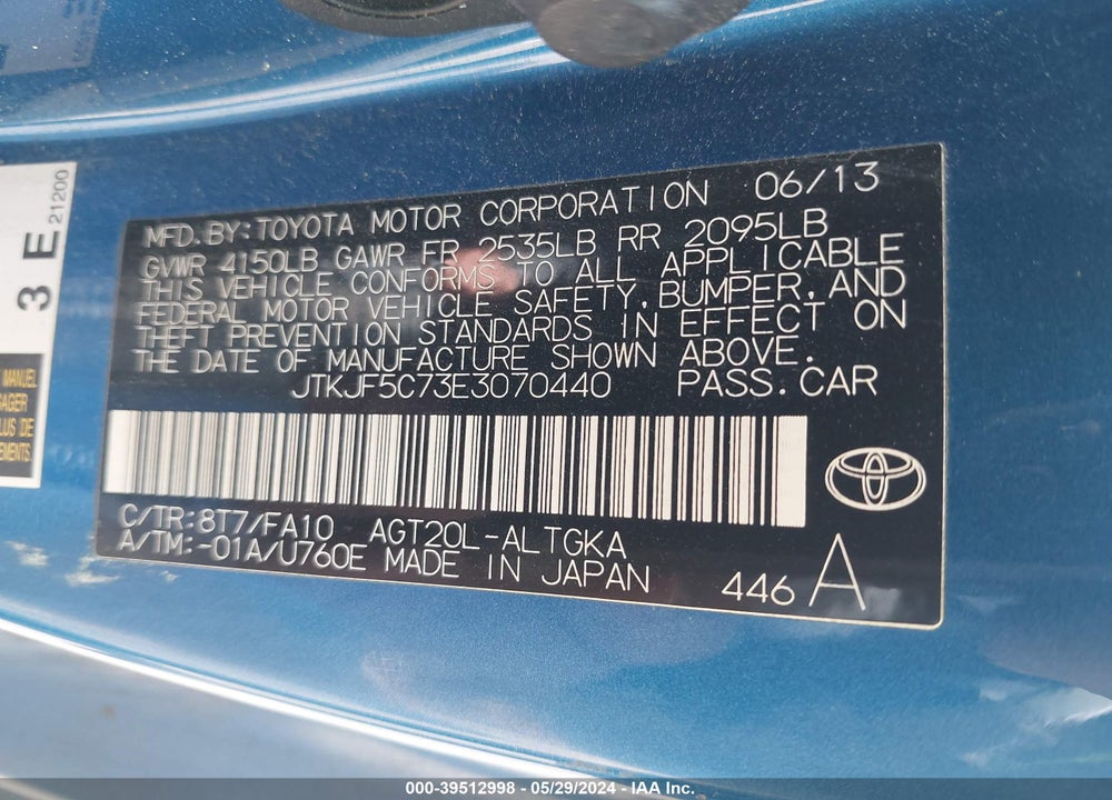 2014 SCION TC VIN: JTKJF5C73E3070440