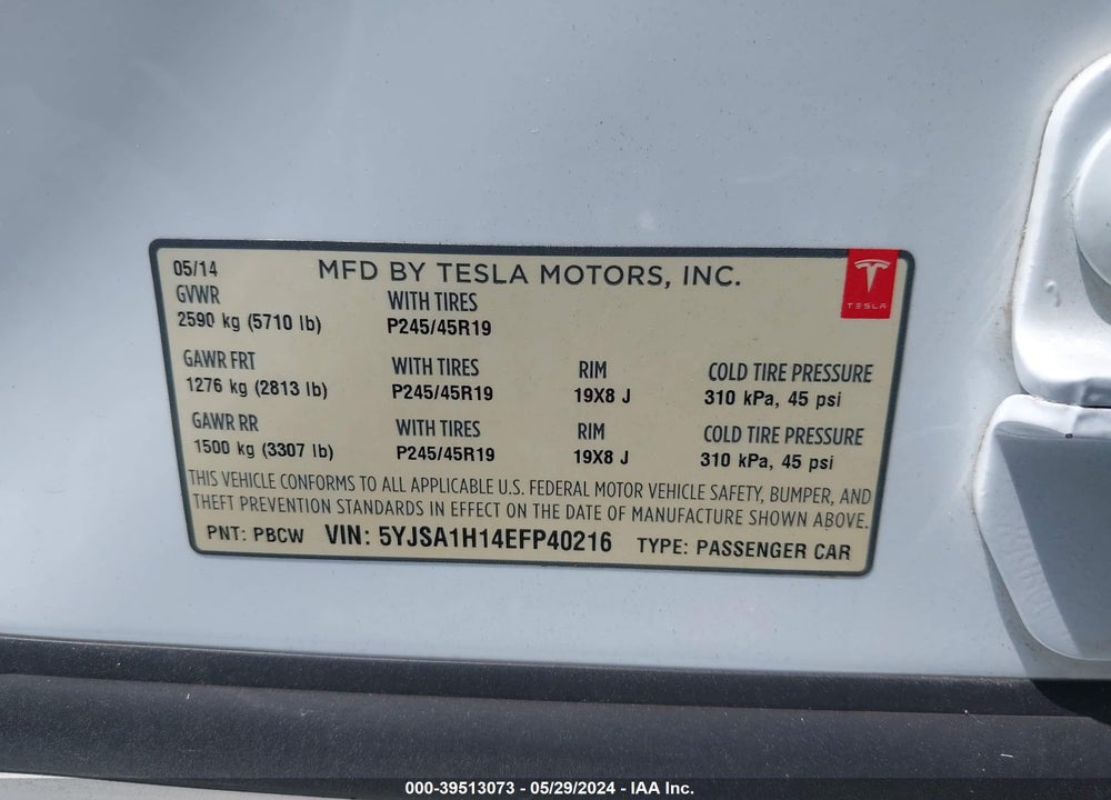 2014 TESLA MODEL S P85 VIN: 5YJSA1H14EFP40216