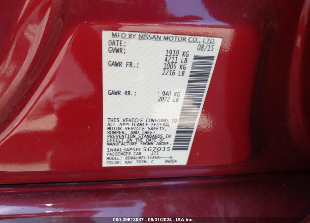 2015 NISSAN ALTIMA 2.5 SV VIN: 1N4AL3AP5FC567035