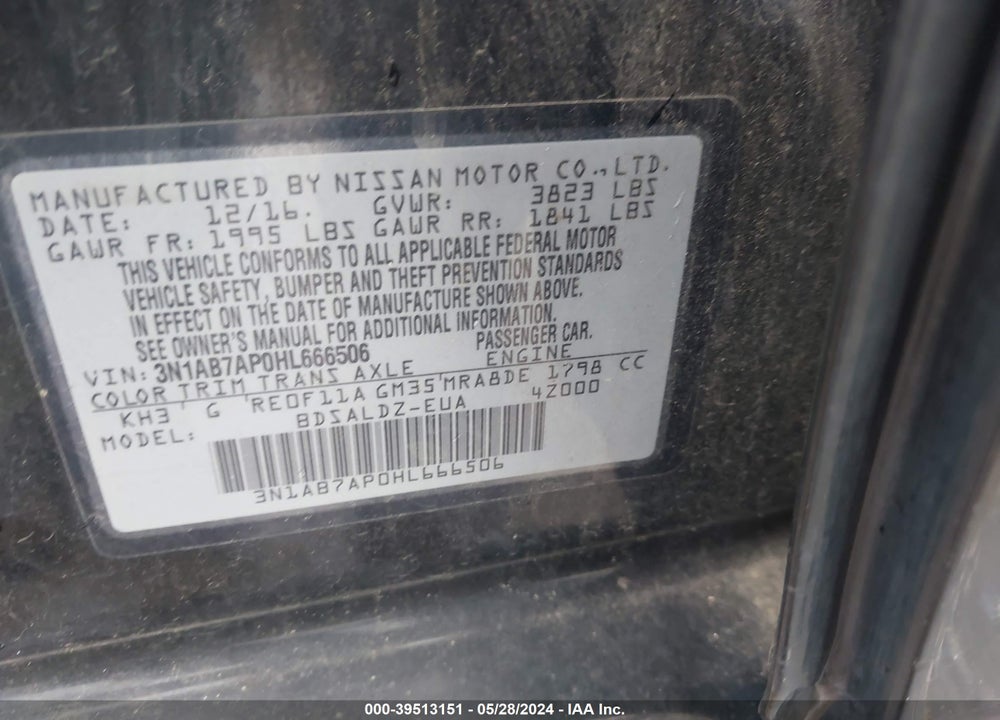 2017 NISSAN SENTRA SV VIN: 3N1AB7AP0HL666506