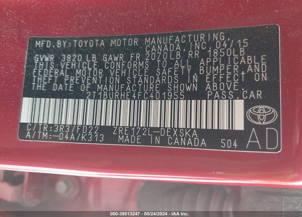 2015 TOYOTA COROLLA S PLUS VIN: 2T1BURHE4FC401955