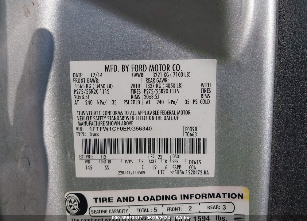 2014 FORD F-150 VIN: 1FTFW1CF0EKG56340