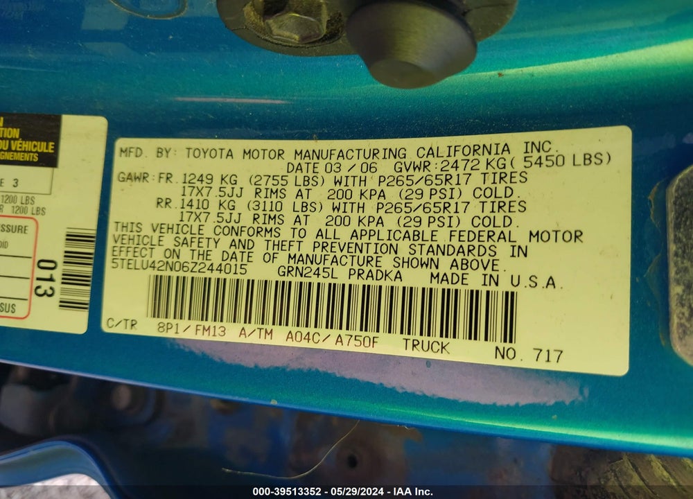 2006 TOYOTA TACOMA BASE V6 VIN: 5TELU42N06Z244015