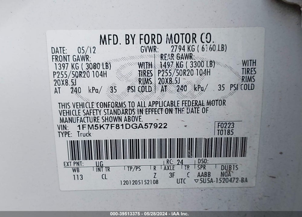 2013 FORD EXPLORER LIMITED VIN: 1FM5K7F81DGA57922
