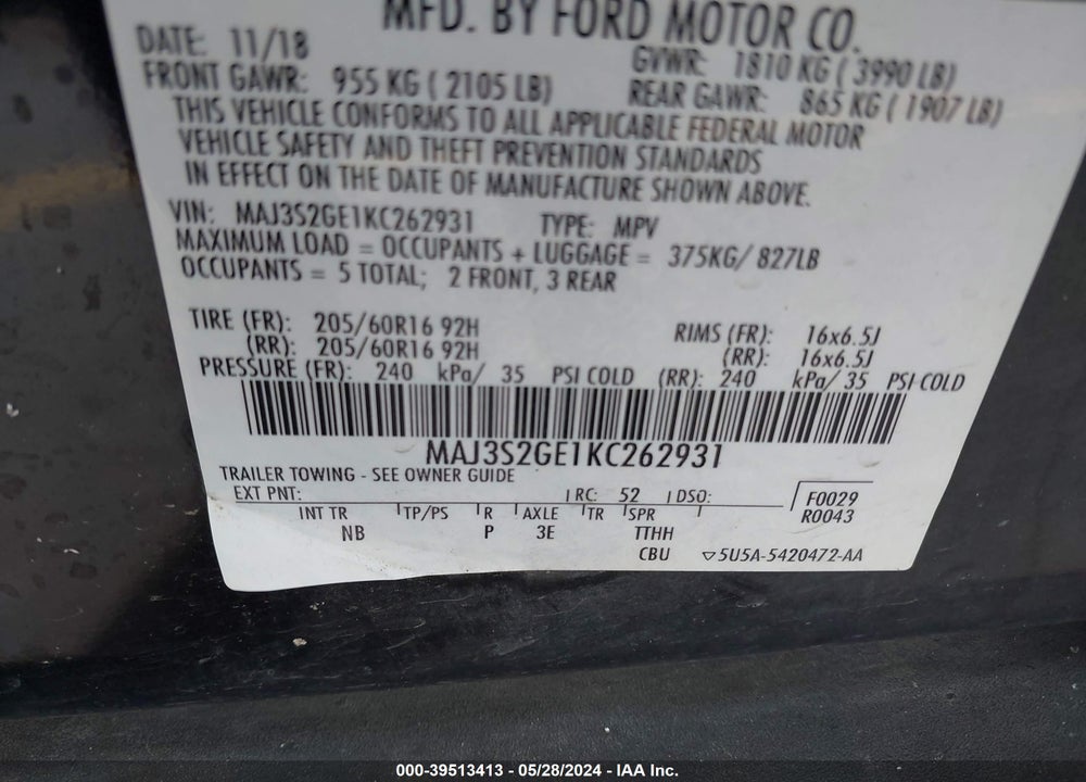 2019 FORD ECOSPORT SE VIN: MAJ3S2GE1KC262931