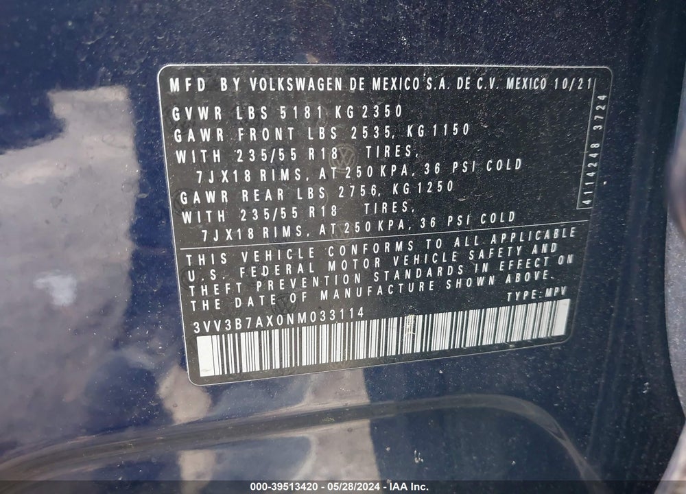 2022 VOLKSWAGEN TIGUAN 2.0T SE VIN: 3VV3B7AX0NM033114