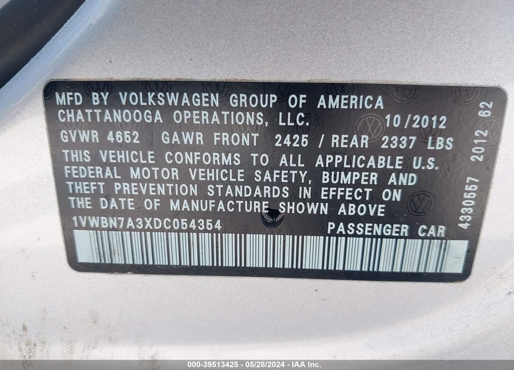 2013 VOLKSWAGEN PASSAT 2.0L TDI SE VIN: 1VWBN7A3XDC054354
