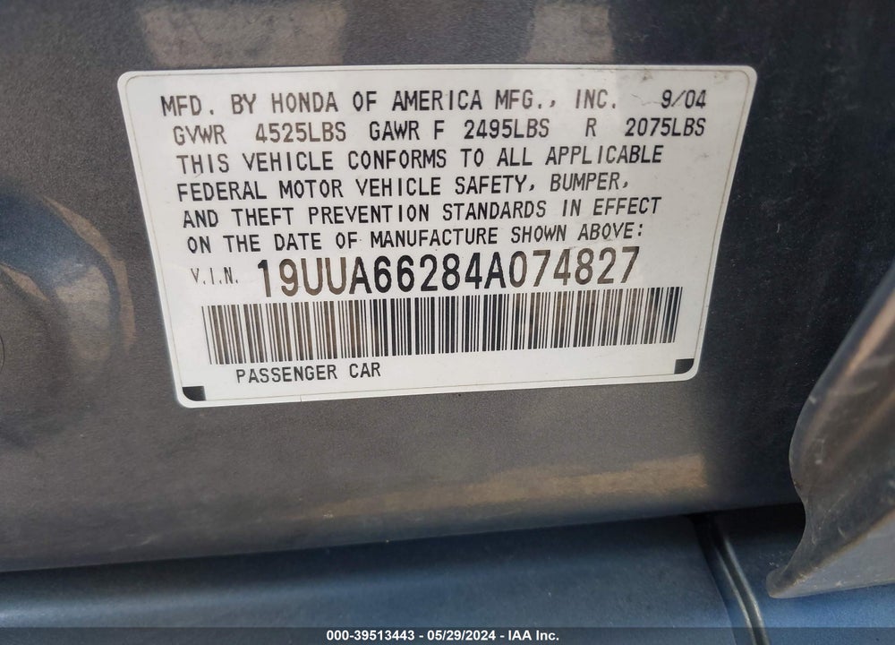 2004 ACURA TL VIN: 19UUA66284A074827