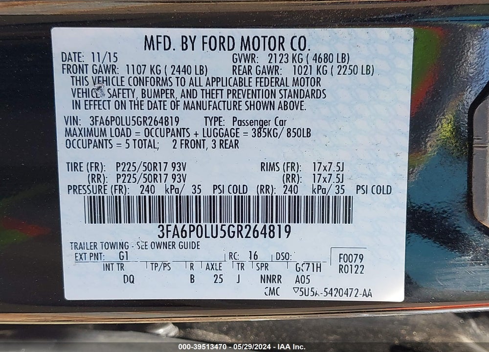 2016 FORD FUSION HYBRID VIN: 3FA6P0LU5GR264819