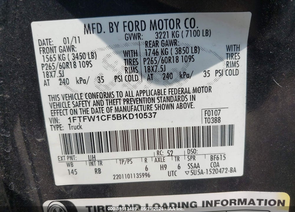 2011 FORD F-150 FX2 VIN: 1FTFW1CF5BKD10537