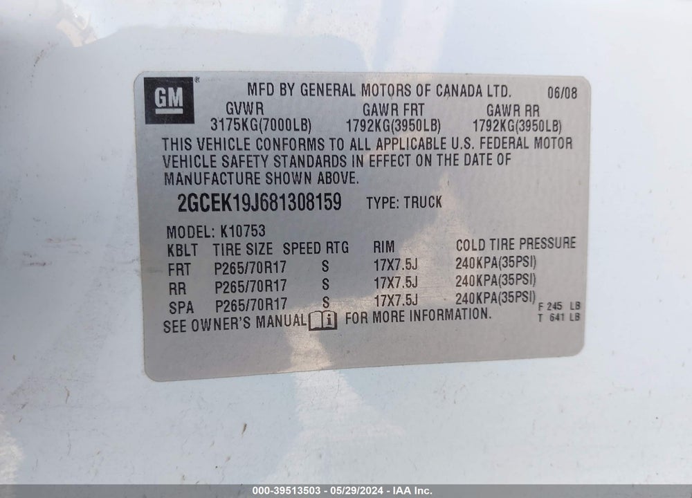 2008 CHEVROLET SILVERADO 1500 LT1 VIN: 2GCEK19J681308159