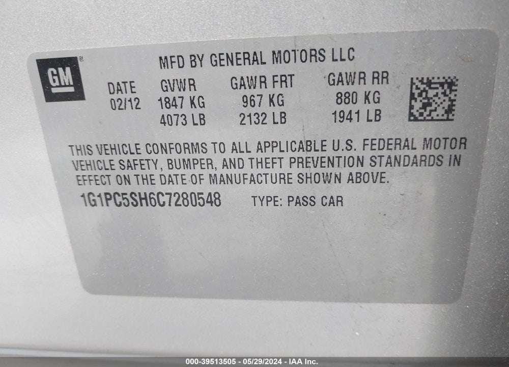 2012 CHEVROLET CRUZE LS VIN: 1G1PC5SH6C7280548