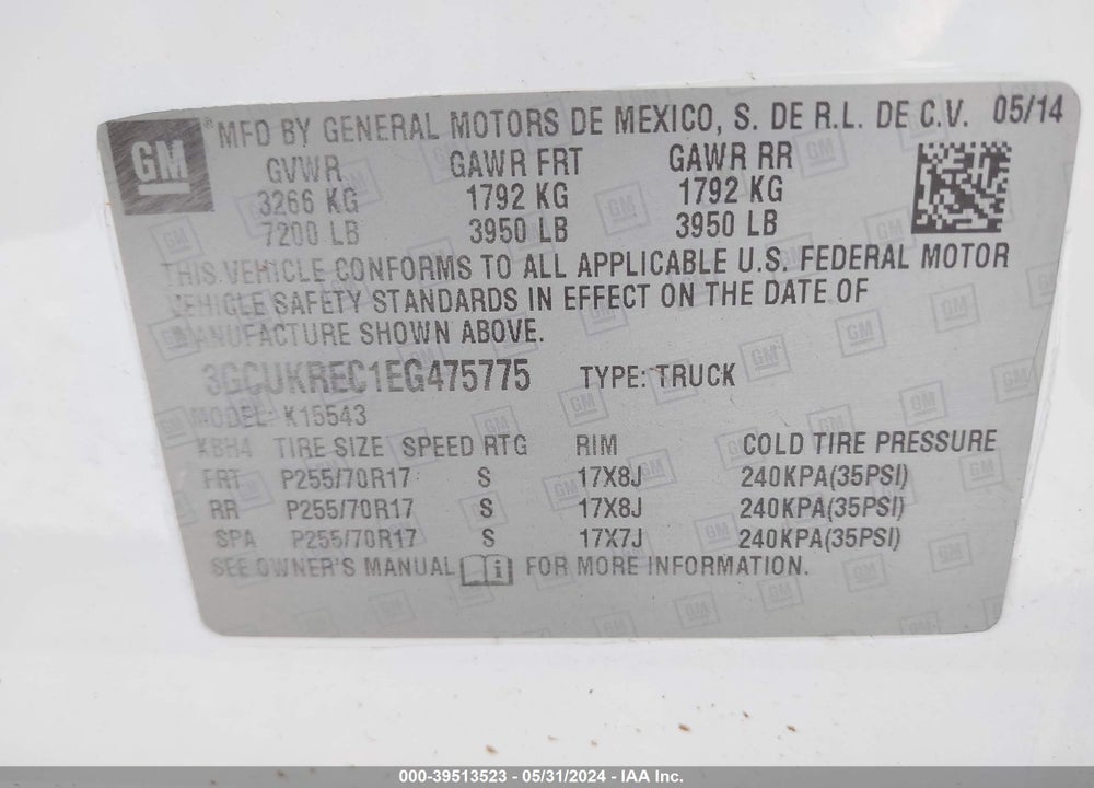 2014 CHEVROLET SILVERADO 1500 1LT VIN: 3GCUKREC1EG475775