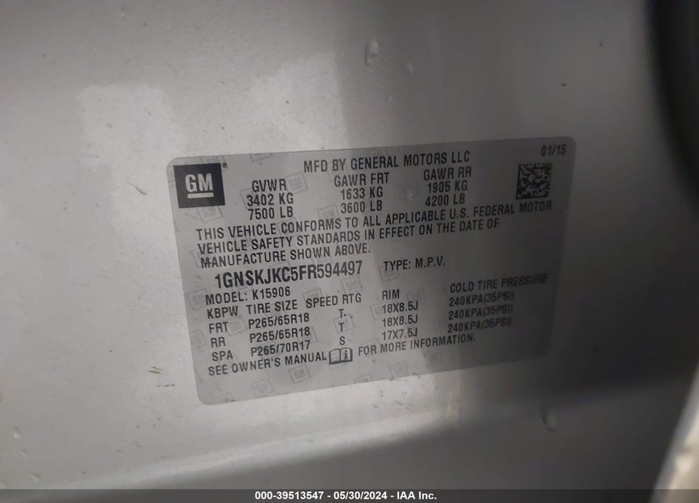 2015 CHEVROLET SUBURBAN 1500 LT VIN: 1GNSKJKC5FR594497